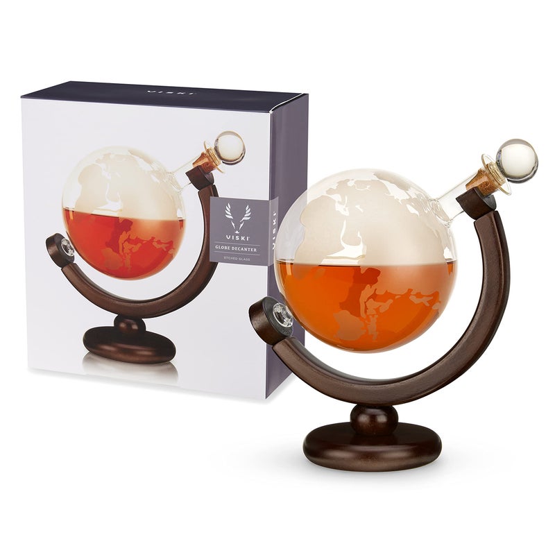 Viski Globe Whiskey Decanter with Wooden Stand and Cork Stopper, Stylish Liquor Decanter for Bourbon, Scotch, Spirits, Wedding Gifts, Man Cave Essentials, Home Bar, 32 oz (946 ml) - Image 1